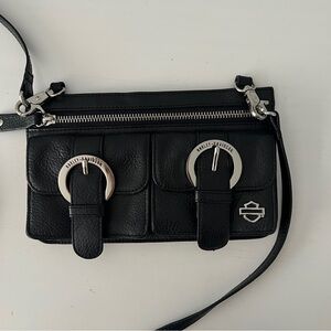 VINTAGE HARLEY DAVIDSON BLACK LEATHER WITH SILVER BUCKLE CROSSBODY SHOULDER BAG